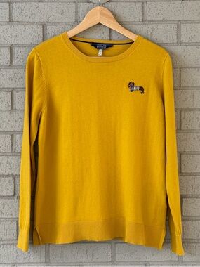 Joules Mustard Pullover Crew Neck Sweater Dachshund & Bunny Embroidery Size 10